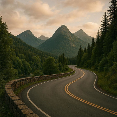 Mountain road in the forest at sunset. Beautiful summer landscape.