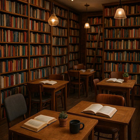 Interior of a library with bookshelves and a coffee cup