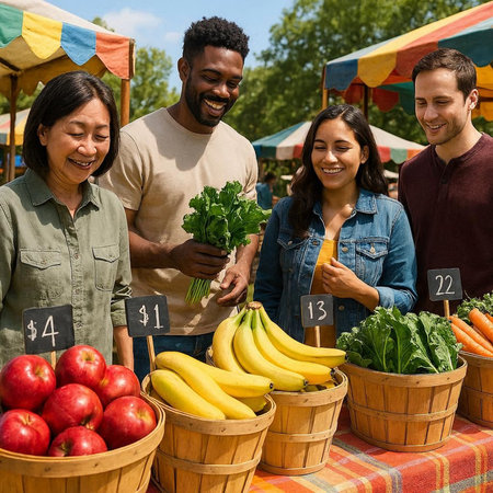 Group of happy multiracial friends buying vegetables at farmer's market