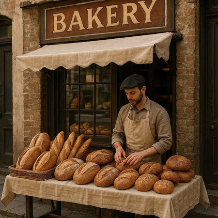 Baker selling bread in the street market. Bakery concept.