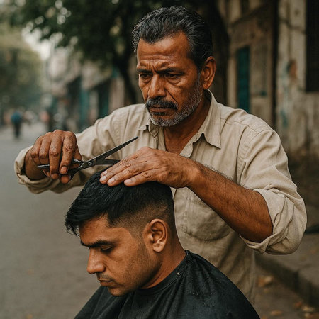 Barber cuts the hair of a young man in the street.