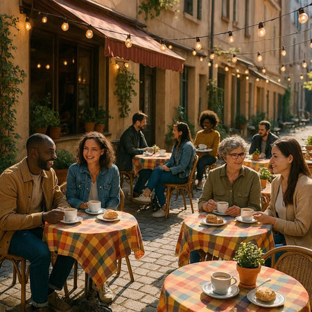 Group of friends sitting at a table in a cafe and drinking coffee