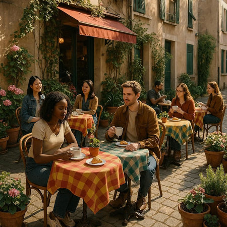 Group of people sitting at a table in a cafe and drinking coffee