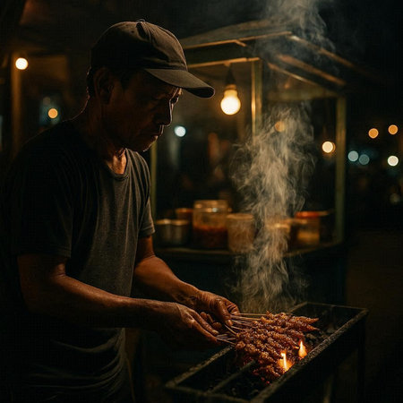 Thai street food vendor cooking shish kebab at night