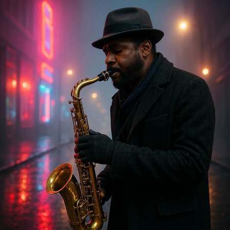 African american jazz musician playing the saxophone on a foggy street