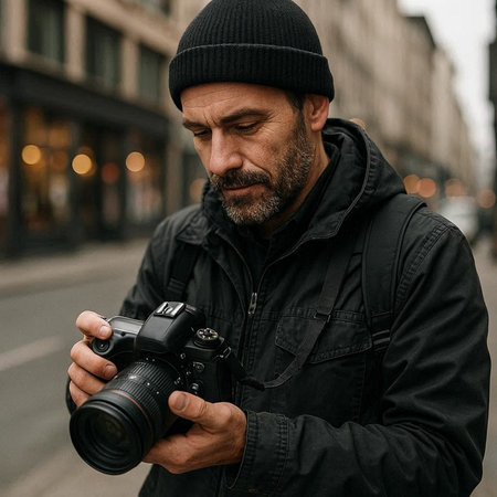Portrait of a bearded photographer in a black jacket and hat with a camera in his hands.