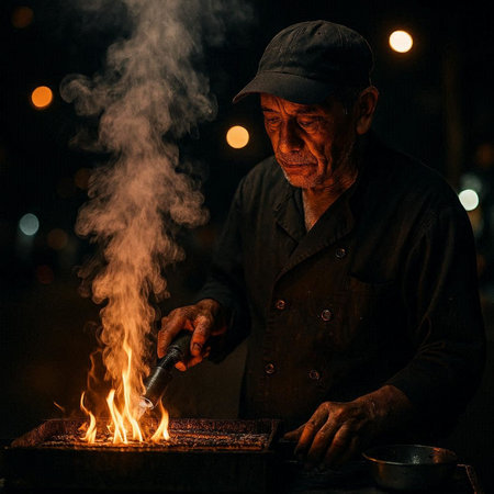 Old man smoking a cigarette on the street in the evening at night