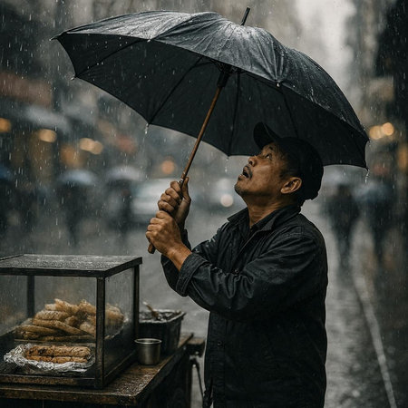Asian man with umbrella in the rain. Street food and street food concept.