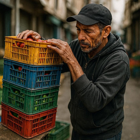 Old man selling fruits in the streets of Barcelona.