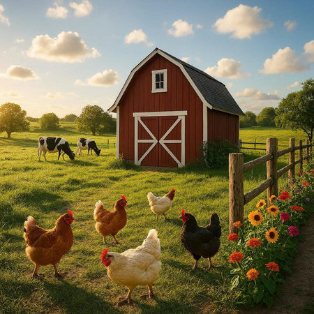 Farm scene with chickens and roosters in the meadow.