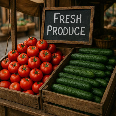 Fresh produce at the local farmers market. Fresh tomatoes and cucumbers.