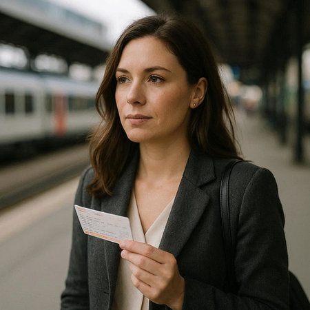 Young businesswoman waiting for a train at the station, holding a ticket