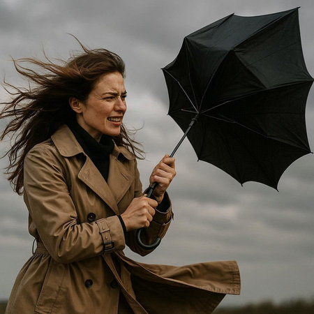 Beautiful young woman in raincoat with umbrella on rainy day.