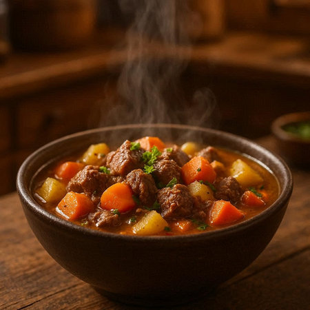 beef stew with vegetables in a clay bowl on a wooden table