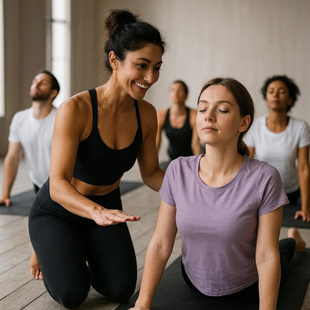 Group of young people practicing yoga in a studio. Yoga class.