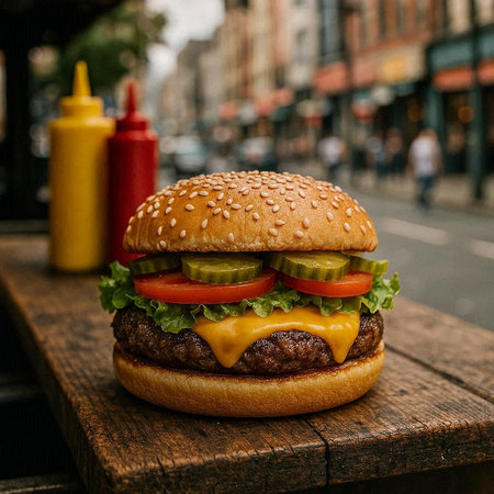 Hamburger on a wooden table in the street. Fast food.