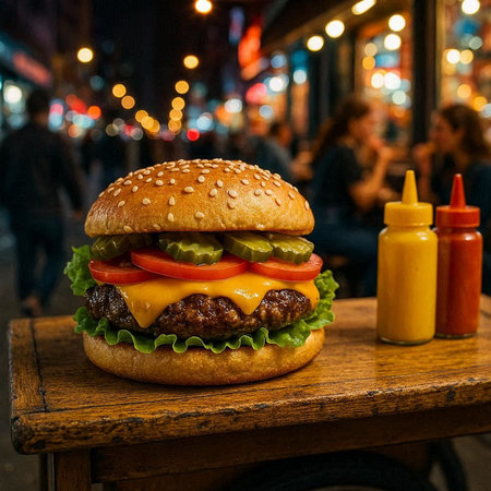 Hamburger on a wooden table with a blurred background of street food.
