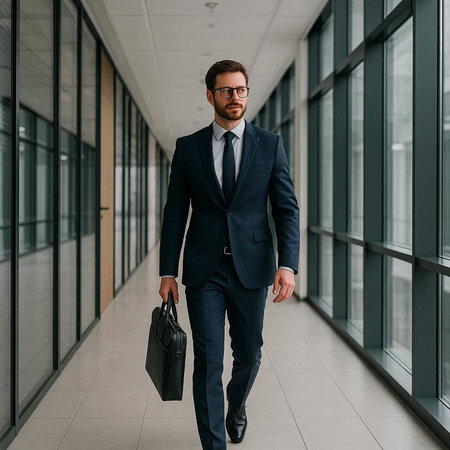 Full length portrait of a confident businessman walking with briefcase in the office