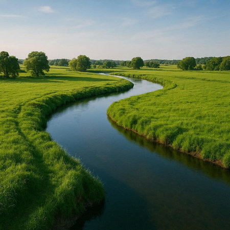 Aerial view of a small river in the middle of green grass.