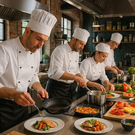 Group of chefs preparing food in a restaurant kitchen. Professional chef cooking in a restaurant kitchen.