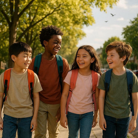 Portrait of a group of happy schoolchildren with backpacks outdoors