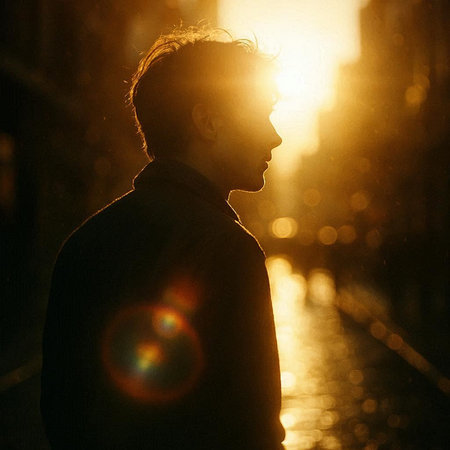 Portrait of a young man in the city at sunset, backlit
