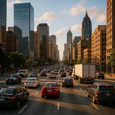 Traffic on a busy street in Chicago, Illinois.