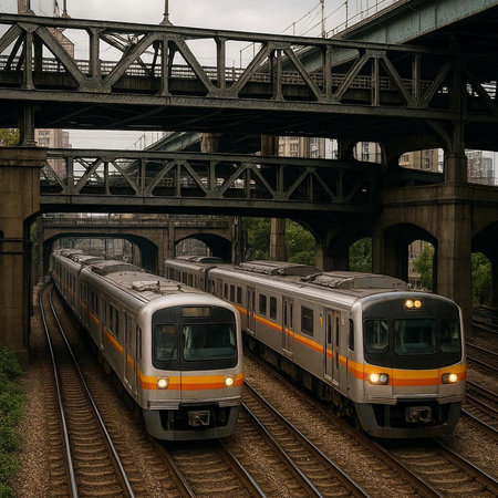 Train on the railway tracks in the city. 3D rendering.