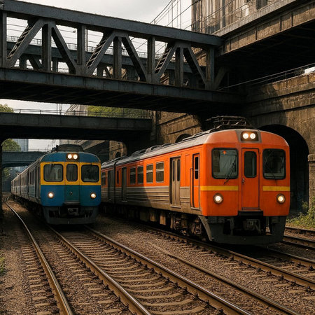 Train on the railroad tracks in the city. 3d rendering.