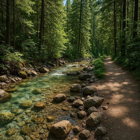 Mountain stream in the forest. Beautiful summer landscape with river.