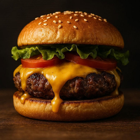 hamburger with cheese, tomato and lettuce on a dark background