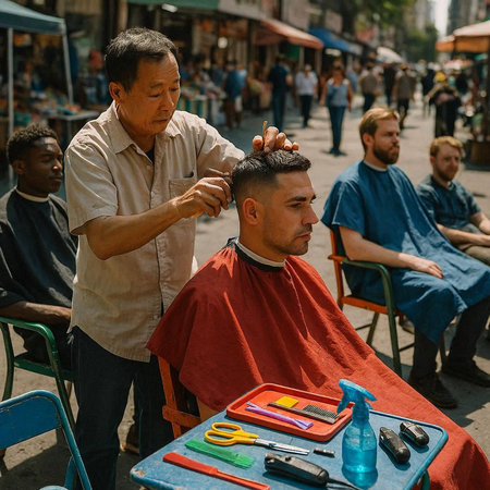 Barber cuts a man's hair in a barbershop.