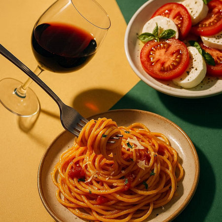 Spaghetti with tomato sauce, mozzarella and basil on plate