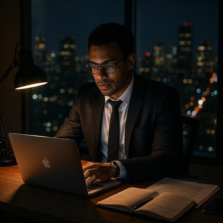 Portrait of young African businessman working on laptop while sitting in office at night