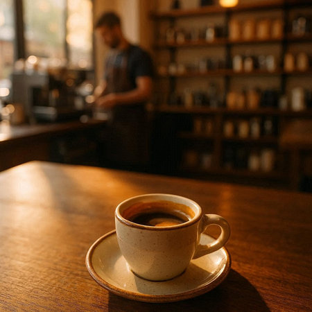 Coffee cup on wooden table in coffee shop. Coffee shop background