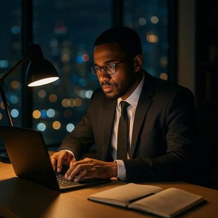Businessman working on laptop at night in office. African-american man in formalwear and eyeglasses working on laptop at night.
