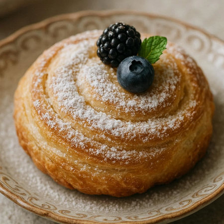 Cinnamon bun with blackberry and powdered sugar on plate, vertical