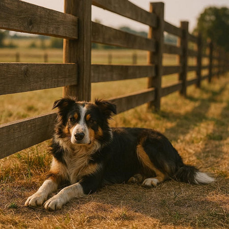 Portrait of a beautiful australian shepherd dog lying on the grass in front of a wooden fence