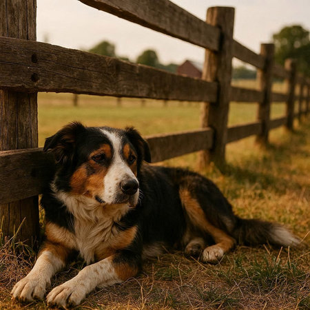 Portrait of a Bernese Mountain Dog in front of a Fence