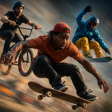 Skateboarders in action at skatepark. Extreme sport.