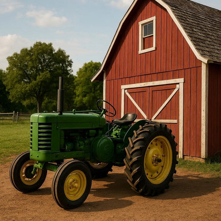 Old green tractor stands in front of a red barn on a farm