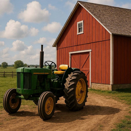 Old farm tractor in front of a red barn, 3d render