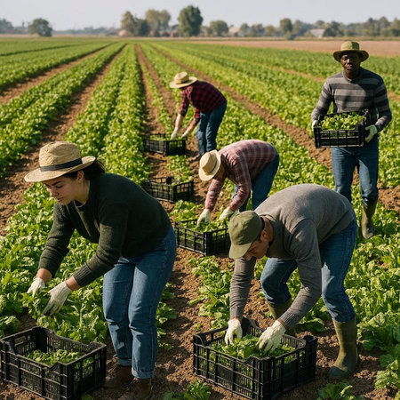 Group of farmers harvesting chard on a field in the countryside.