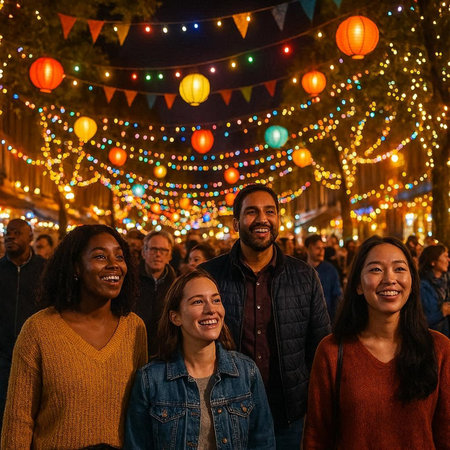 Group of friends having fun in the street at night with lanterns