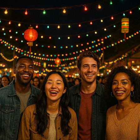 Group of friends having fun at a rooftop party - Multiethnic group of people bonding outdoors