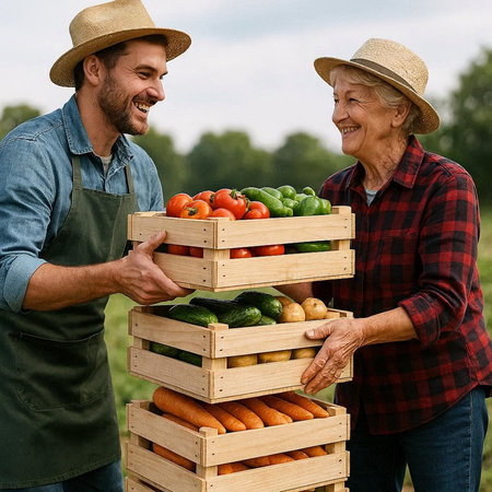 Farmer Showing Vegetables In Wooden Boxes To Male Farmer