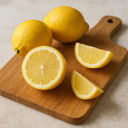 Fresh lemons on a wooden cutting board, square image, close-up