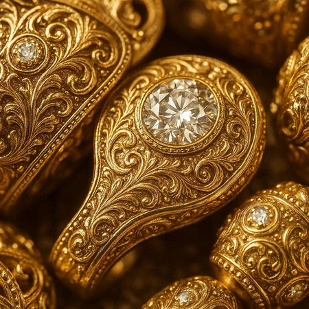 Jewelry background. Close up of golden jewelry with diamonds.