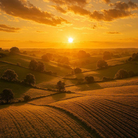 Aerial view of countryside landscape at sunset. Beautiful summer sunrise over fields.
