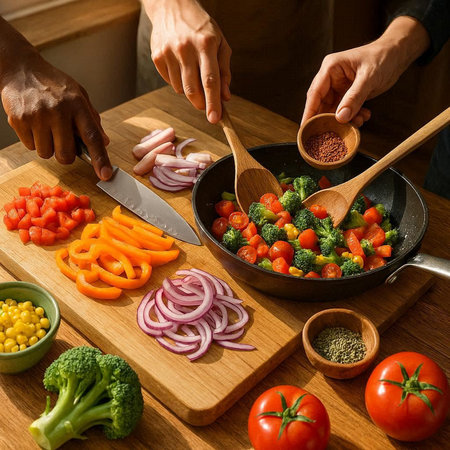 Close-up of human hands cooking vegetable salad in frying pan on wooden table.